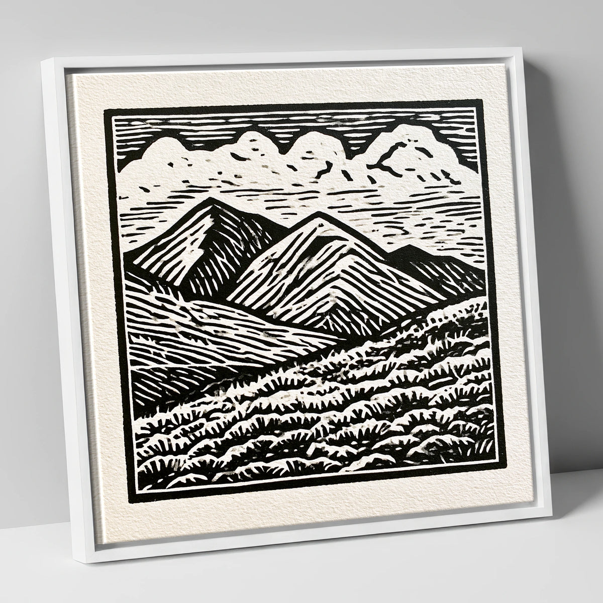 Monochrome Rolling Fells Under Cloud lake district fell canvas wall art in white frame