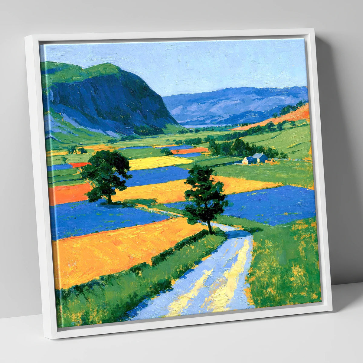 Bright Dale Patchwork Fields lake district valley canvas wall art in white frame