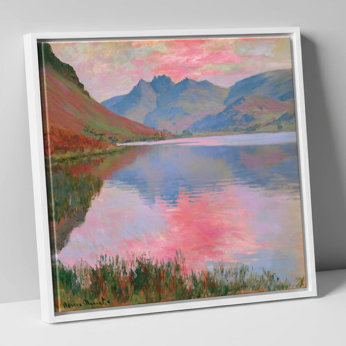 Pink Sunset Reflections on Loweswater lake district lake canvas wall art in white frame