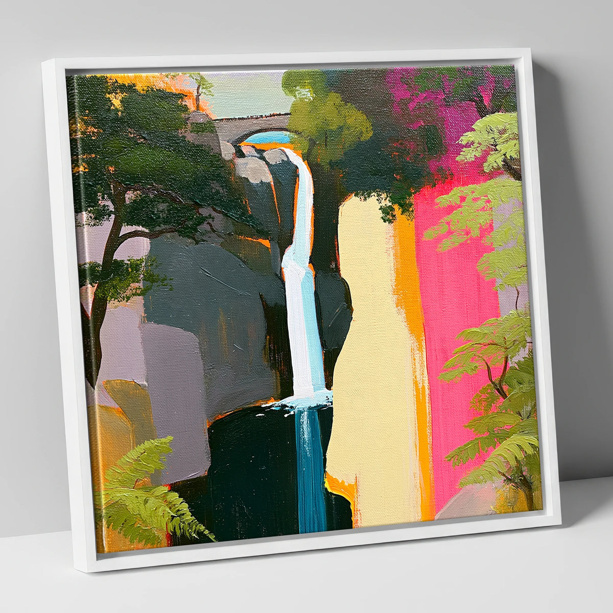 Contemporary Aira Force Waterfall lake district waterfall canvas wall art in white frame