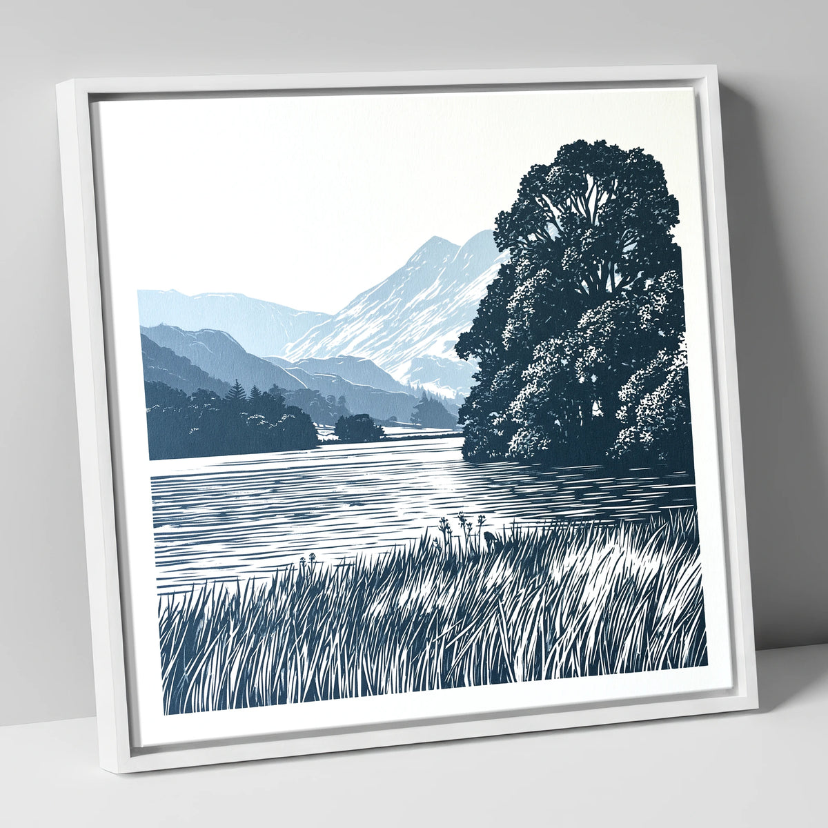 Grasmere Lake in Navy Blue lake district lake canvas wall art in white frame