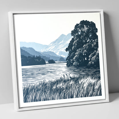 Grasmere Lake in Navy Blue lake district lake canvas wall art in white frame