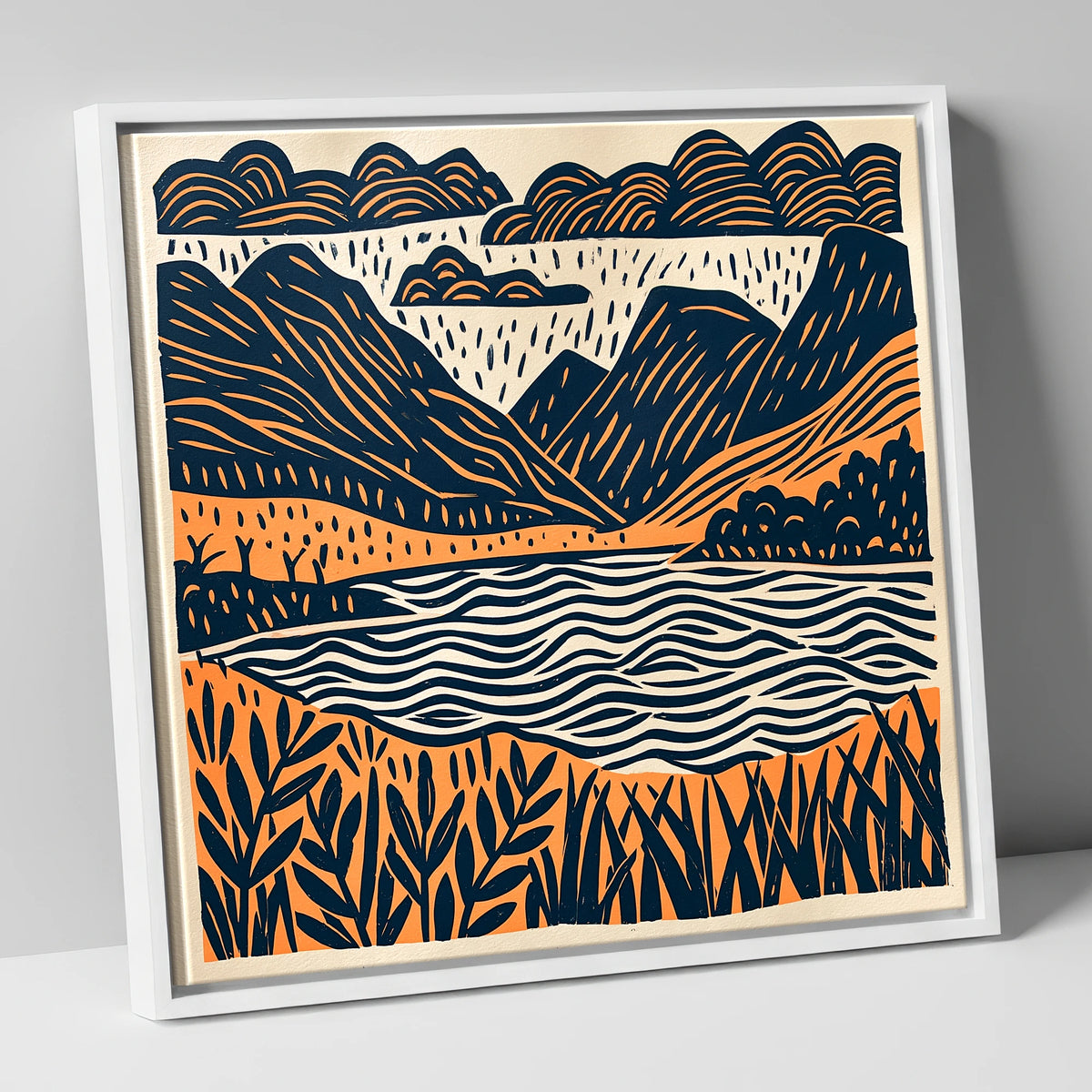 Dawn Lake In Navy And Terracotta lake district lake canvas wall art in white frame