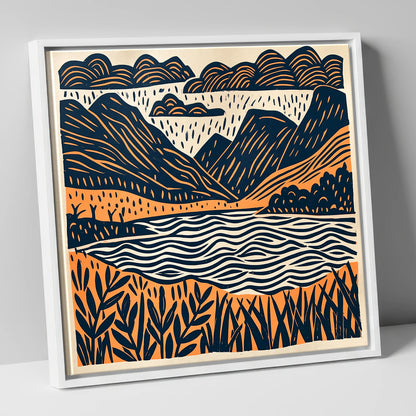 Dawn Lake In Navy And Terracotta lake district lake canvas wall art in white frame