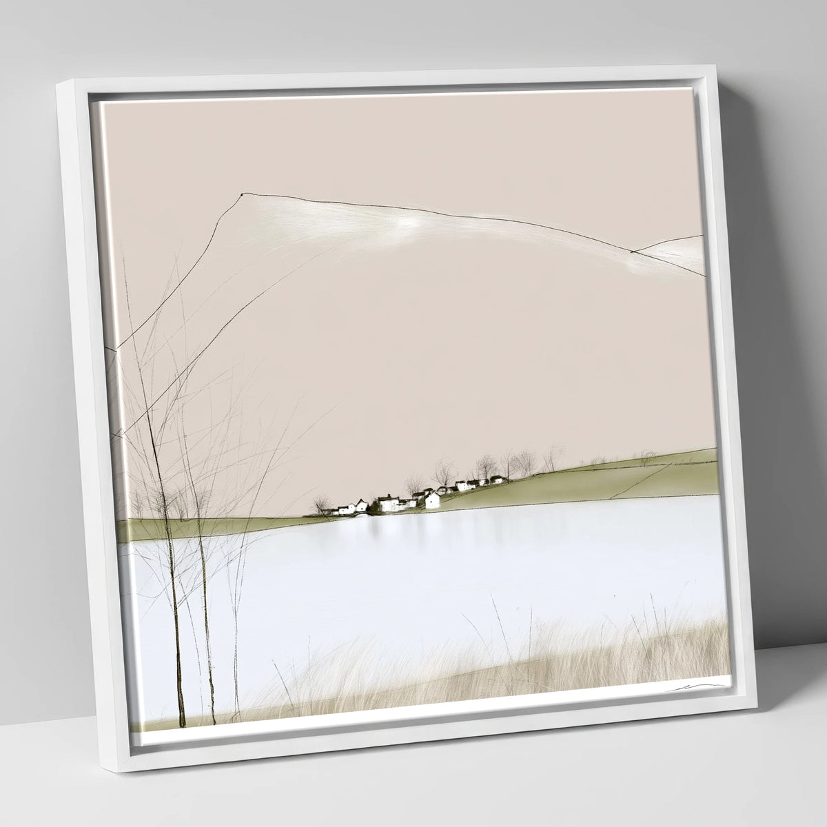 Minimalist Pooley Bridge and Lake lake district village canvas wall art in white frame