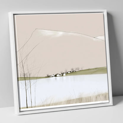Minimalist Pooley Bridge and Lake lake district village canvas wall art in white frame