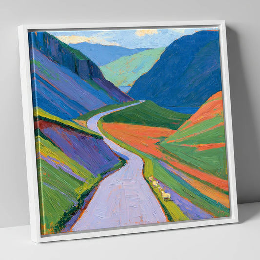Winding Pass and Cobalt Fells lake district valley canvas wall art in white frame