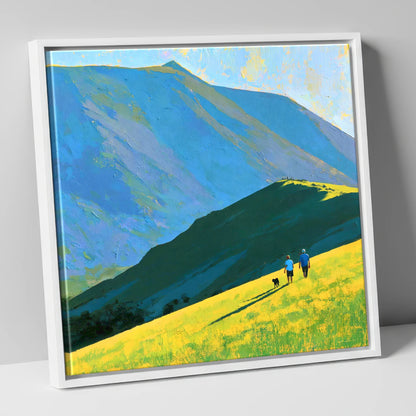 Sunlit Dog Walk Below Blencathra gifts for dog walkers canvas wall art in white frame