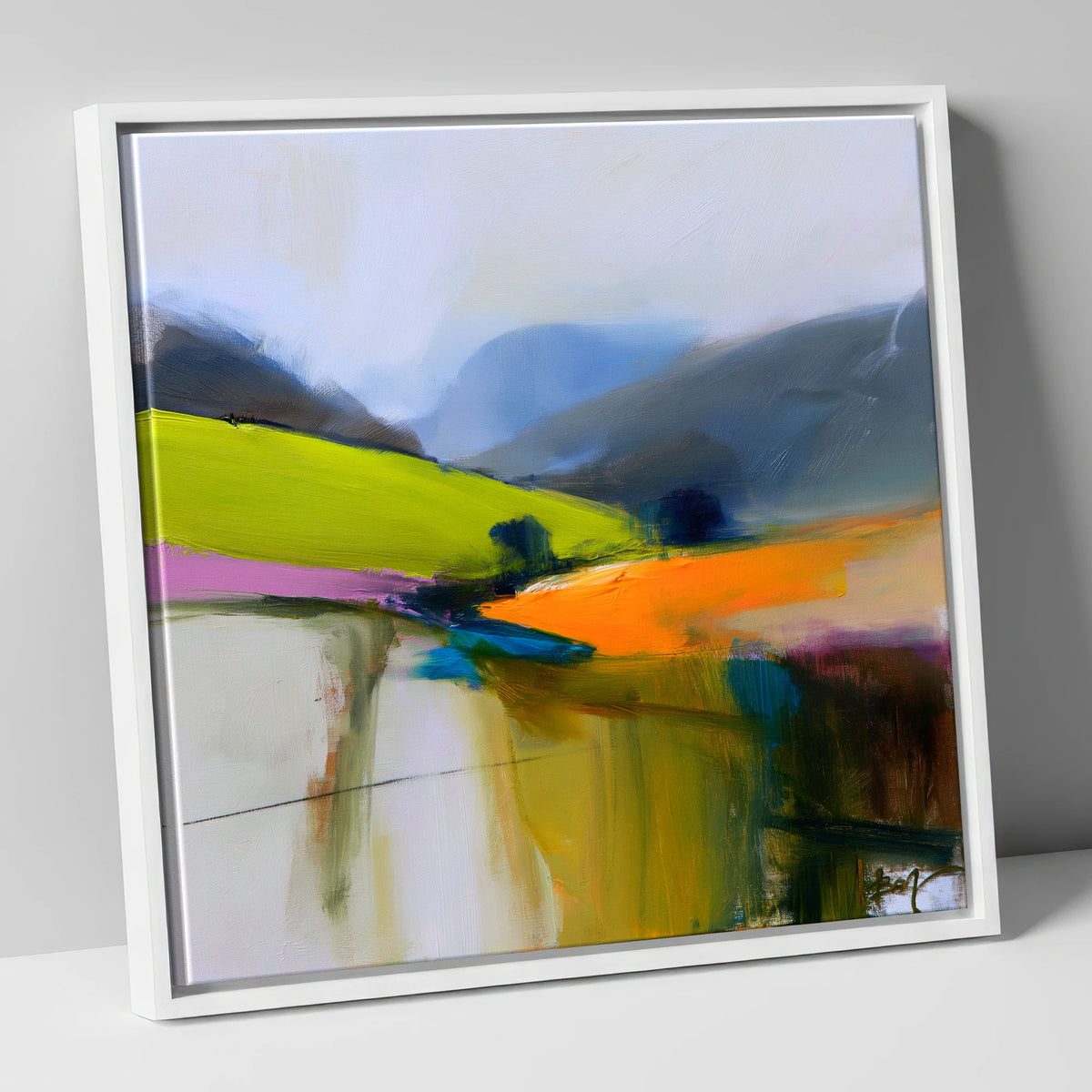 Tangerine Light on the Fells lake district sky canvas wall art in white frame