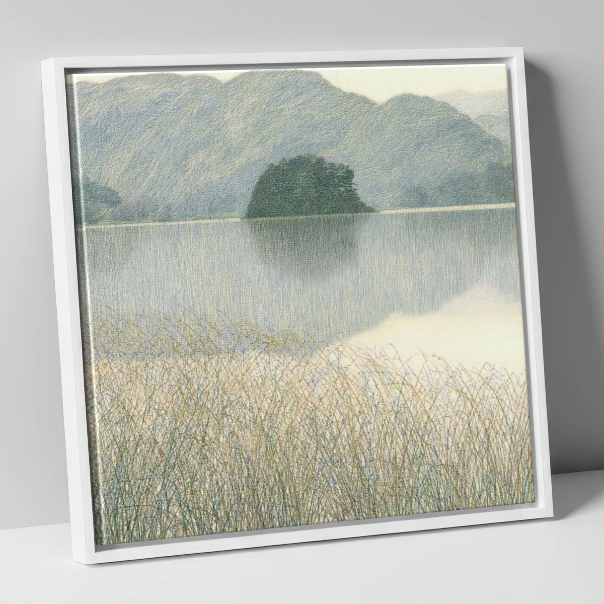 Grasmere Island Through Tall Grasses lake district lake canvas wall art in white frame