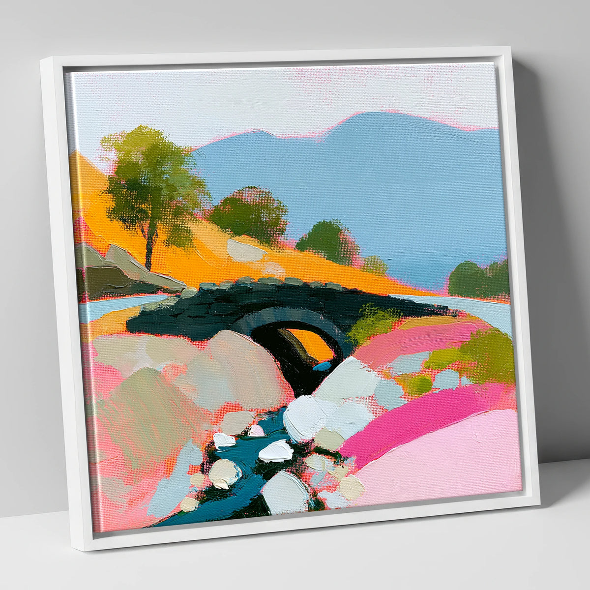 Vibrant Ashness Bridge Borrowdale lake district waterfall canvas wall art in white frame