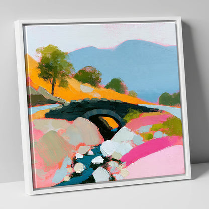 Vibrant Ashness Bridge Borrowdale lake district waterfall canvas wall art in white frame