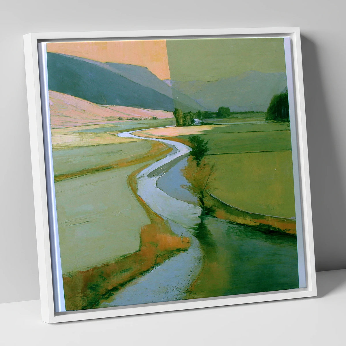 River Valley in Sage and Apricot lake district waterfall canvas wall art in white frame