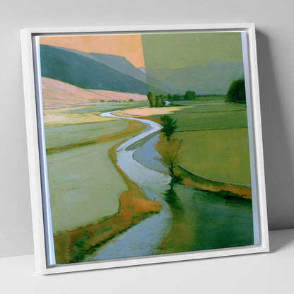 River Valley in Sage and Apricot lake district waterfall canvas wall art in white frame