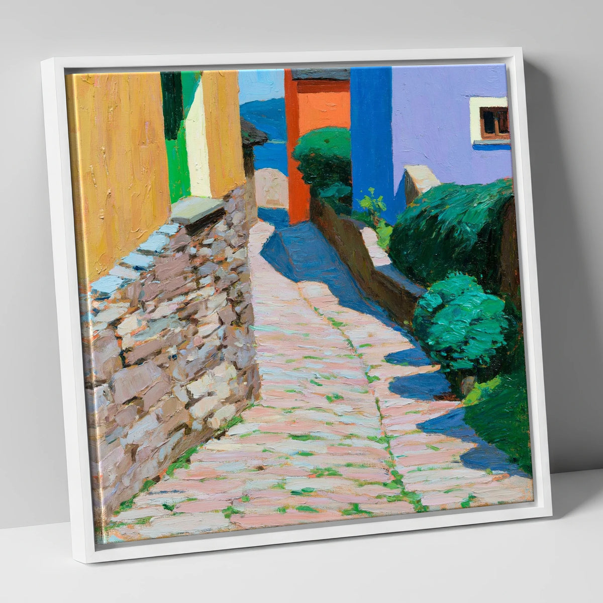 Colourful Cobbled Village Street lake district village canvas wall art in white frame