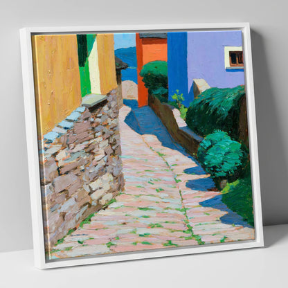 Colourful Cobbled Village Street lake district village canvas wall art in white frame