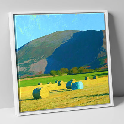 Blencathra Above Sunlit Hay Bales lake district fell canvas wall art in white frame