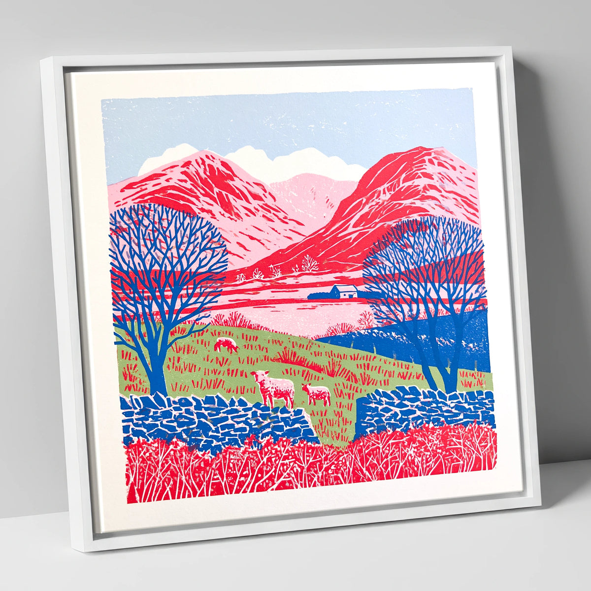 Bold Red Fells of Eskdale lake district valley canvas wall art in white frame