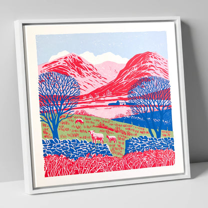 Bold Red Fells of Eskdale lake district valley canvas wall art in white frame