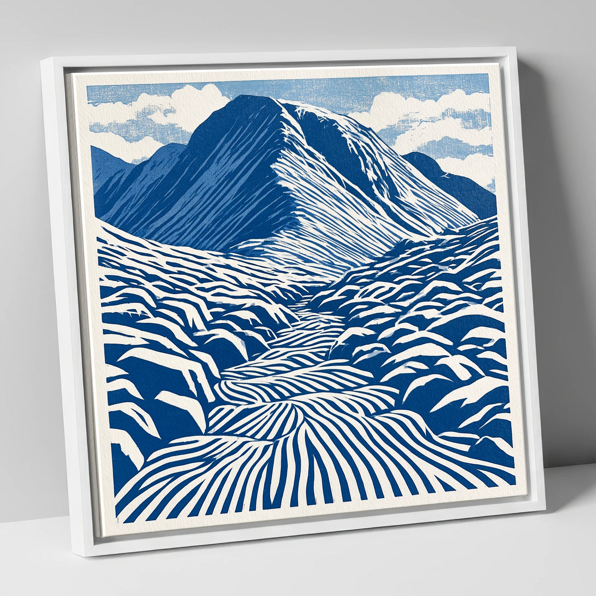 Bold Blue Great Gable lake district fell canvas wall art in white frame