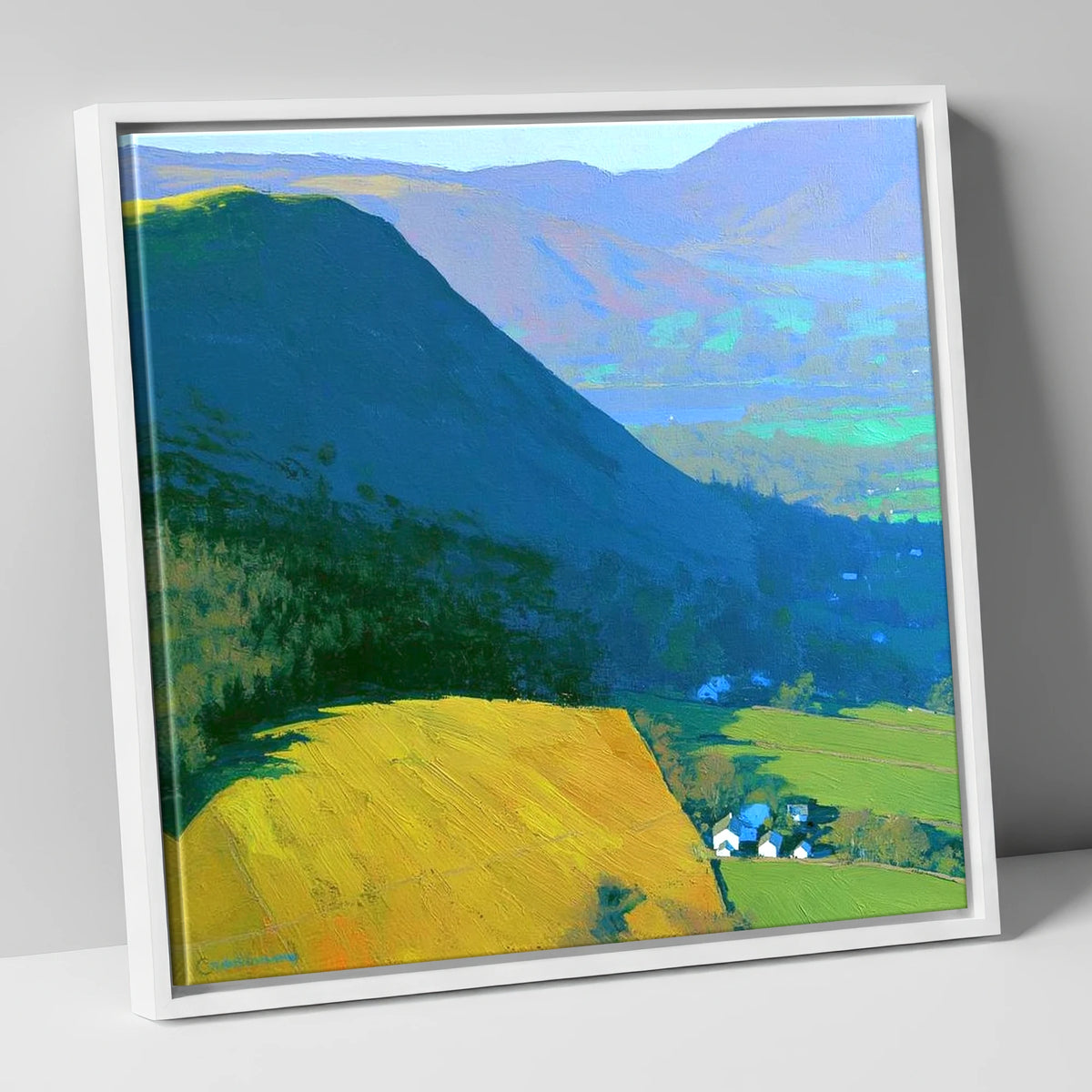 Vibrant Sunlight on Dodd Fell lake district fell canvas wall art in white frame