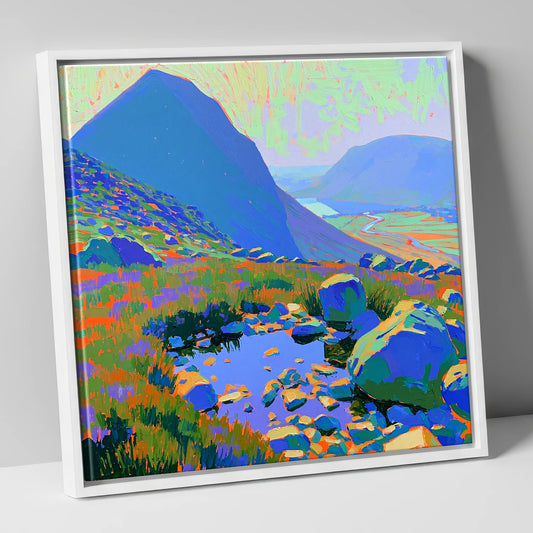Vibrant Haystacks and Rocky Tarn lake district fell canvas wall art in white frame