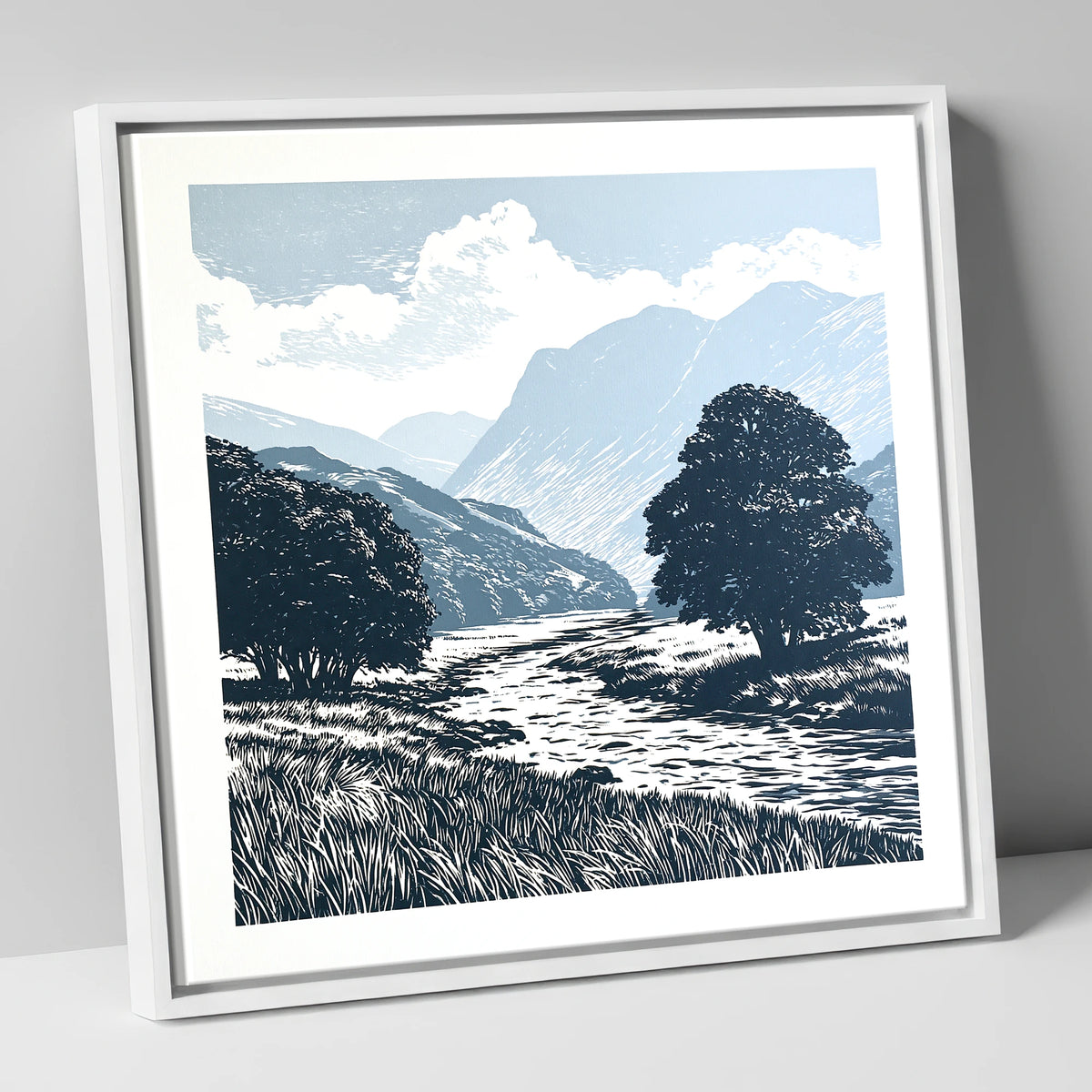 Borrowdale River in Slate Blue lake district valley canvas wall art in white frame