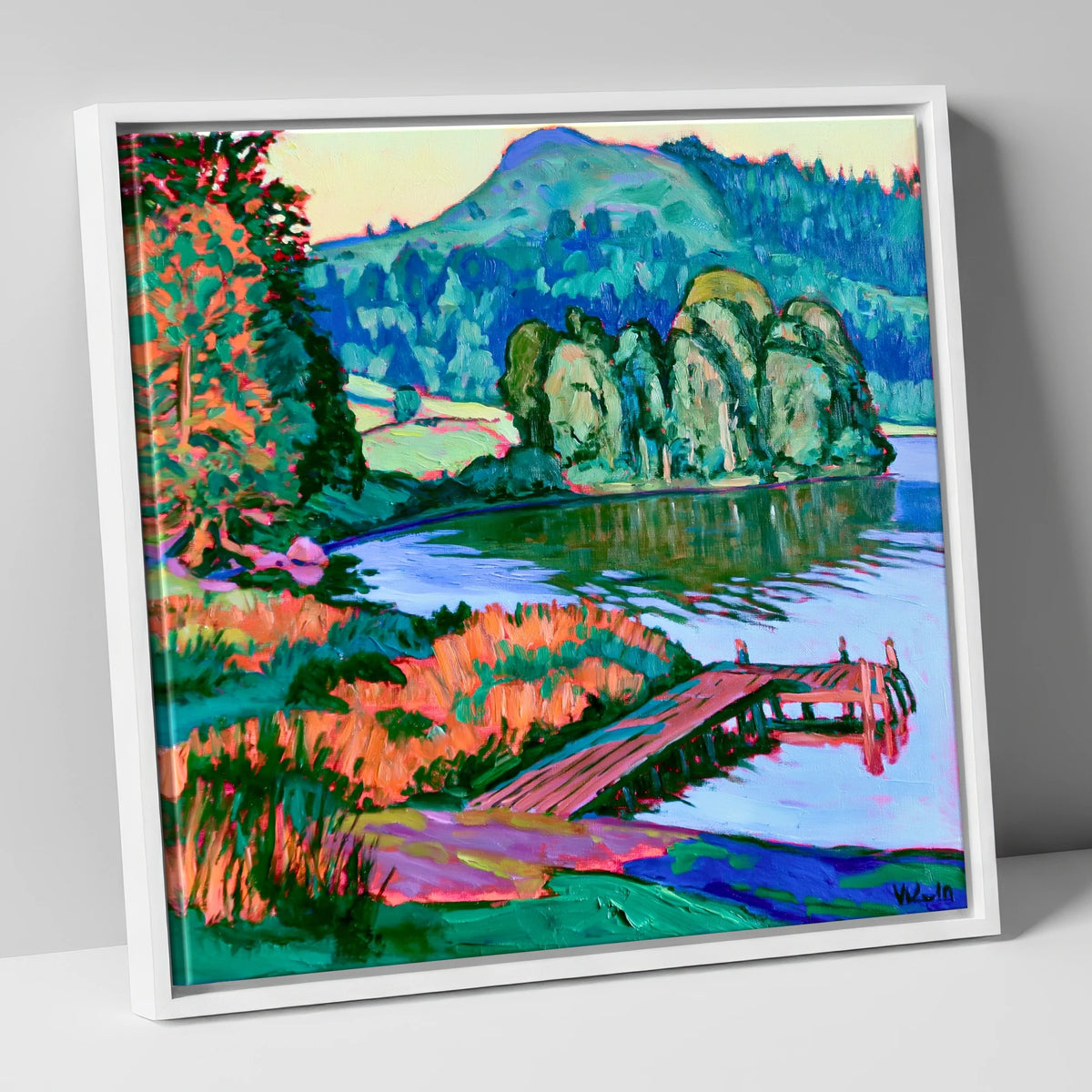 Vibrant Wooden Pier at Grasmere lake district lake canvas wall art in white frame