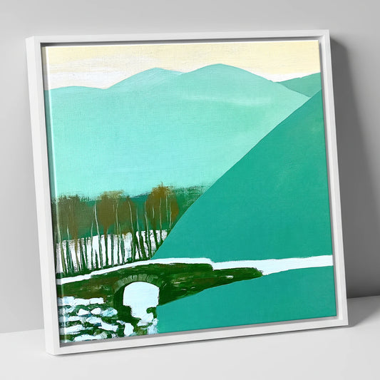 Ashness Bridge Borrowdale in Teal lake district waterfall canvas wall art in white frame