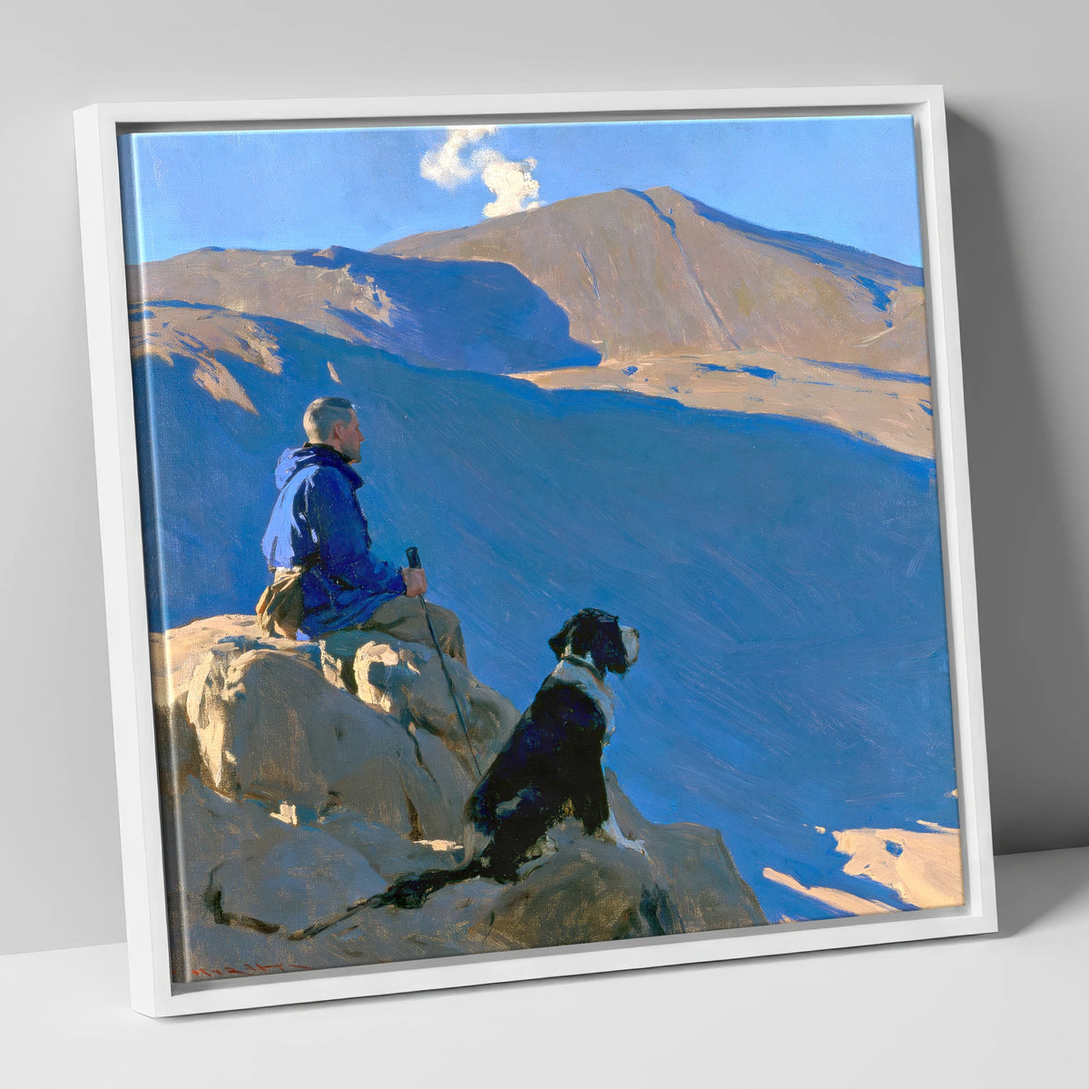 Sunlit Walker and Dog on Great Gable gifts for dog walkers canvas wall art in white frame
