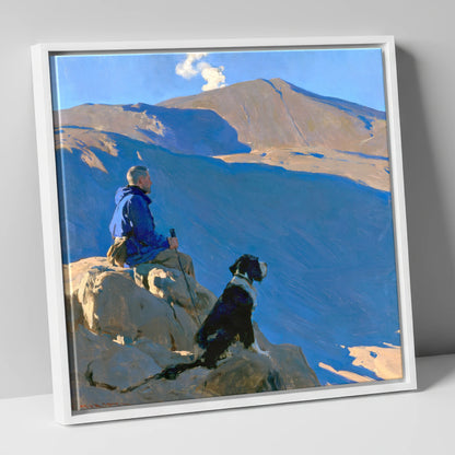 Sunlit Walker and Dog on Great Gable gifts for dog walkers canvas wall art in white frame