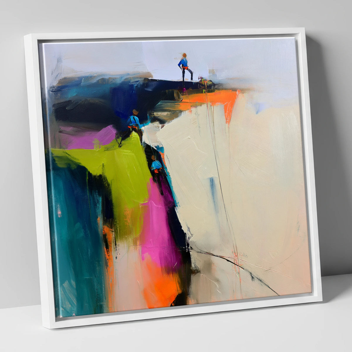 Abstract Climbers on a Crag lake district walking canvas wall art in white frame