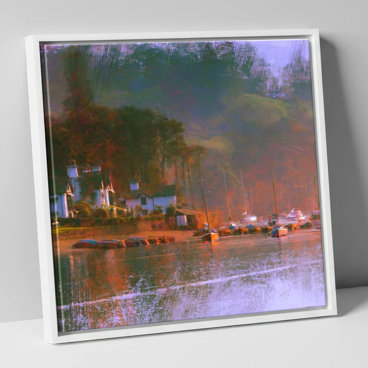 Autumn Light on Bowness Bay lake district village canvas wall art in white frame
