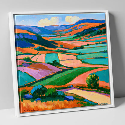 Vibrant Dale Patchwork Fields lake district valley canvas wall art in white frame