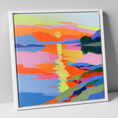 Vivid Sunset Over the Water lake district lake canvas wall art in white frame