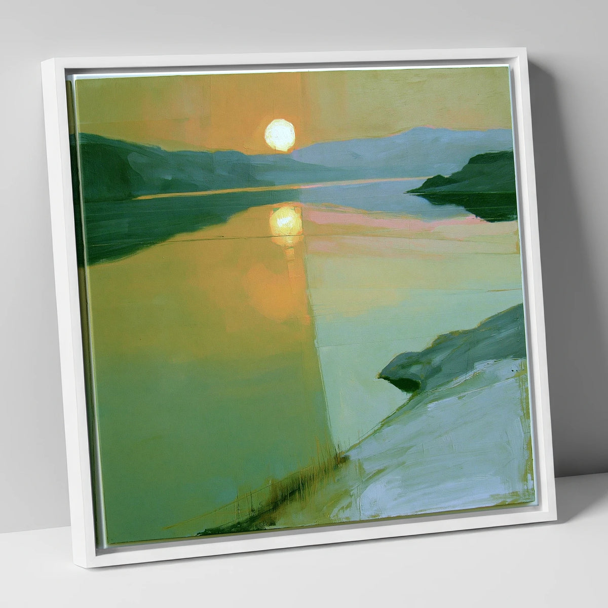 Lake Sunset in Sage Green lake district lake canvas wall art in white frame