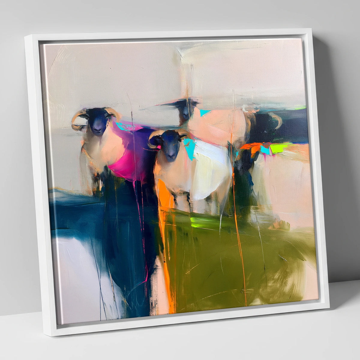 Colourful Abstract Herdwick Sheep lake district wildlife canvas wall art in white frame
