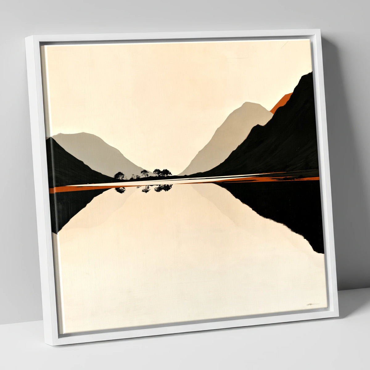 Minimalist Dawn Lake Silhouette lake district lake canvas wall art in white frame