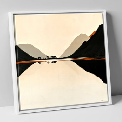 Minimalist Dawn Lake Silhouette lake district lake canvas wall art in white frame