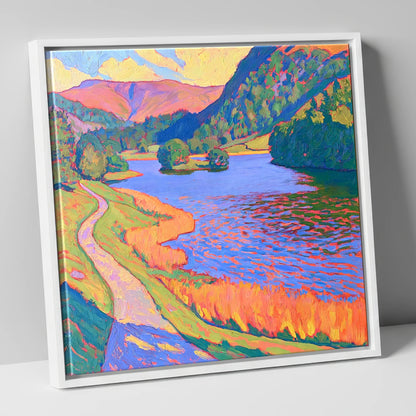 Vivid Path Beside Rydal Water lake district lake canvas wall art in white frame