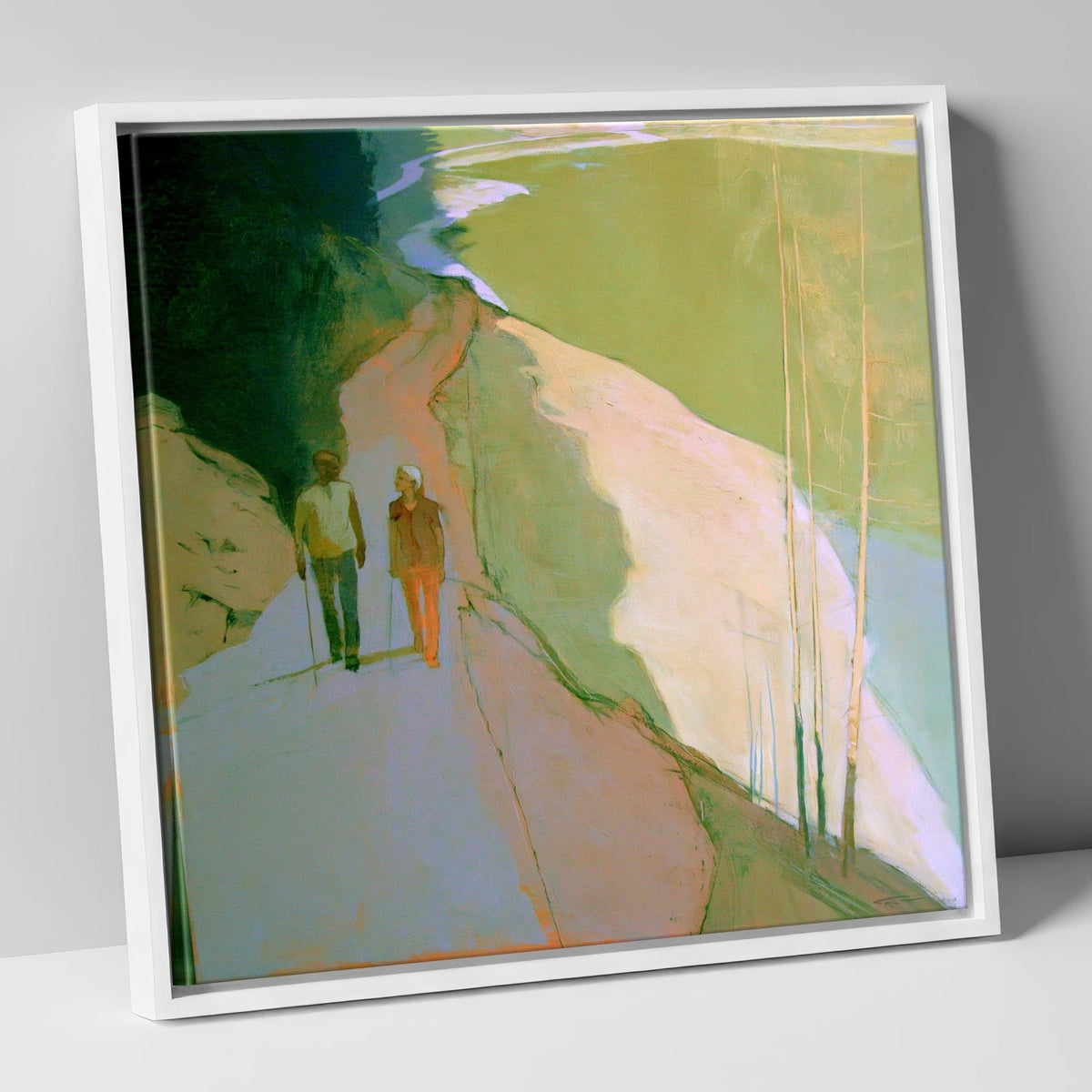 Hikers on Lakeside Mountain Path lake district walking canvas wall art in white frame