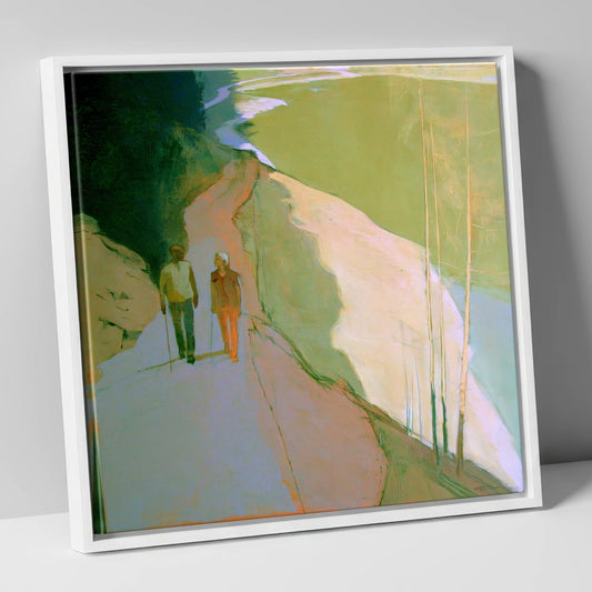 Hikers on Lakeside Mountain Path lake district walking canvas wall art in white frame