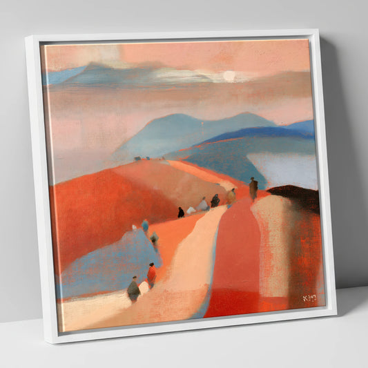 Walkers on a Sunset Mountain Path lake district walking canvas wall art in white frame