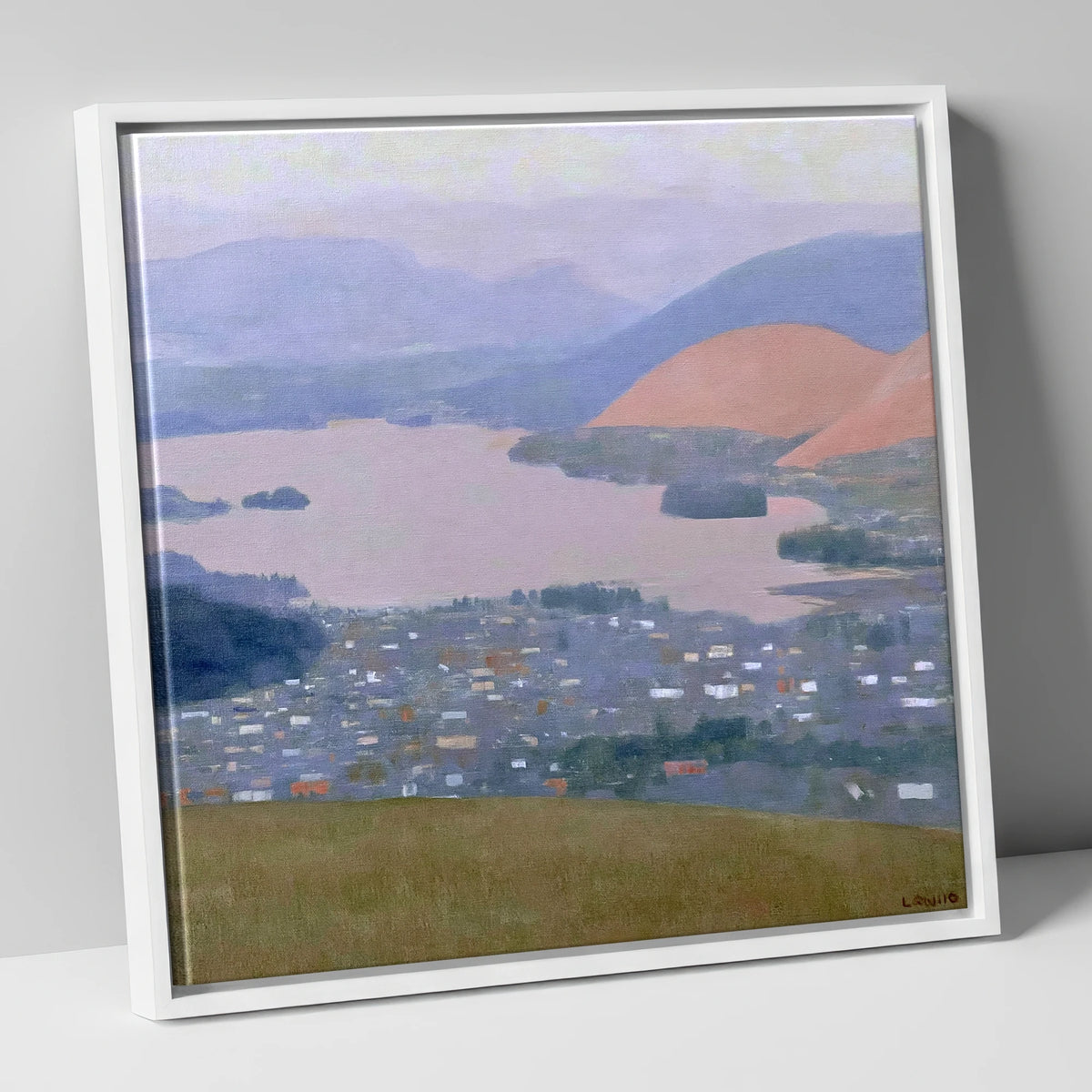Keswick and Derwentwater Pastel Dusk lake district village canvas wall art in white frame