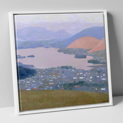 Keswick and Derwentwater Pastel Dusk lake district village canvas wall art in white frame