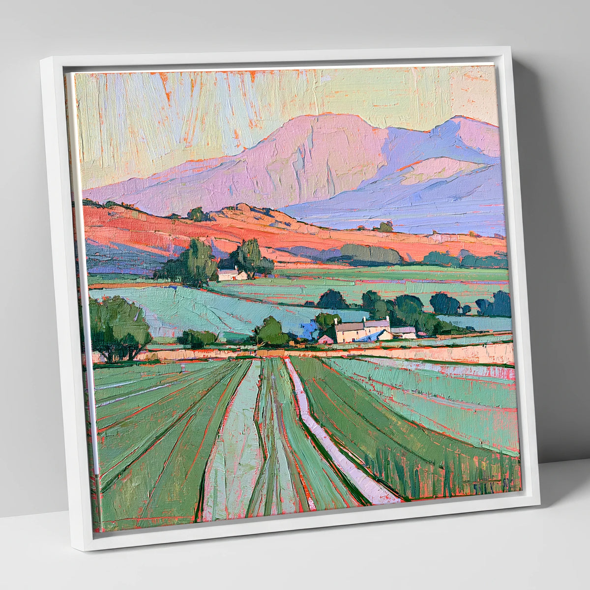 Golden Evening Fells and Farmland lake district sky canvas wall art in white frame