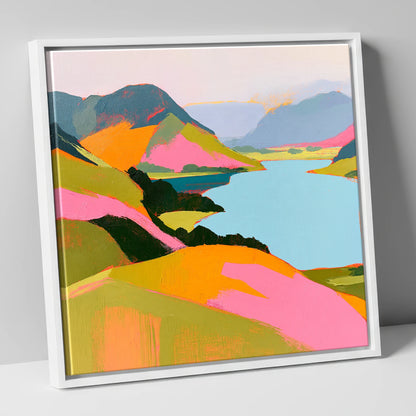 Bold Pink Fells and Lake lake district lake canvas wall art in white frame