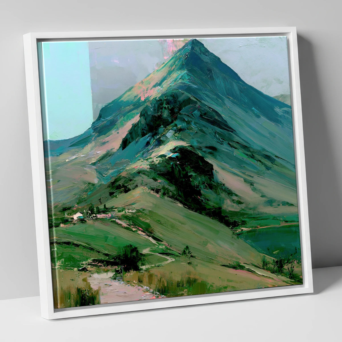 Bold Green Lake District Mountain lake district fell canvas wall art in white frame