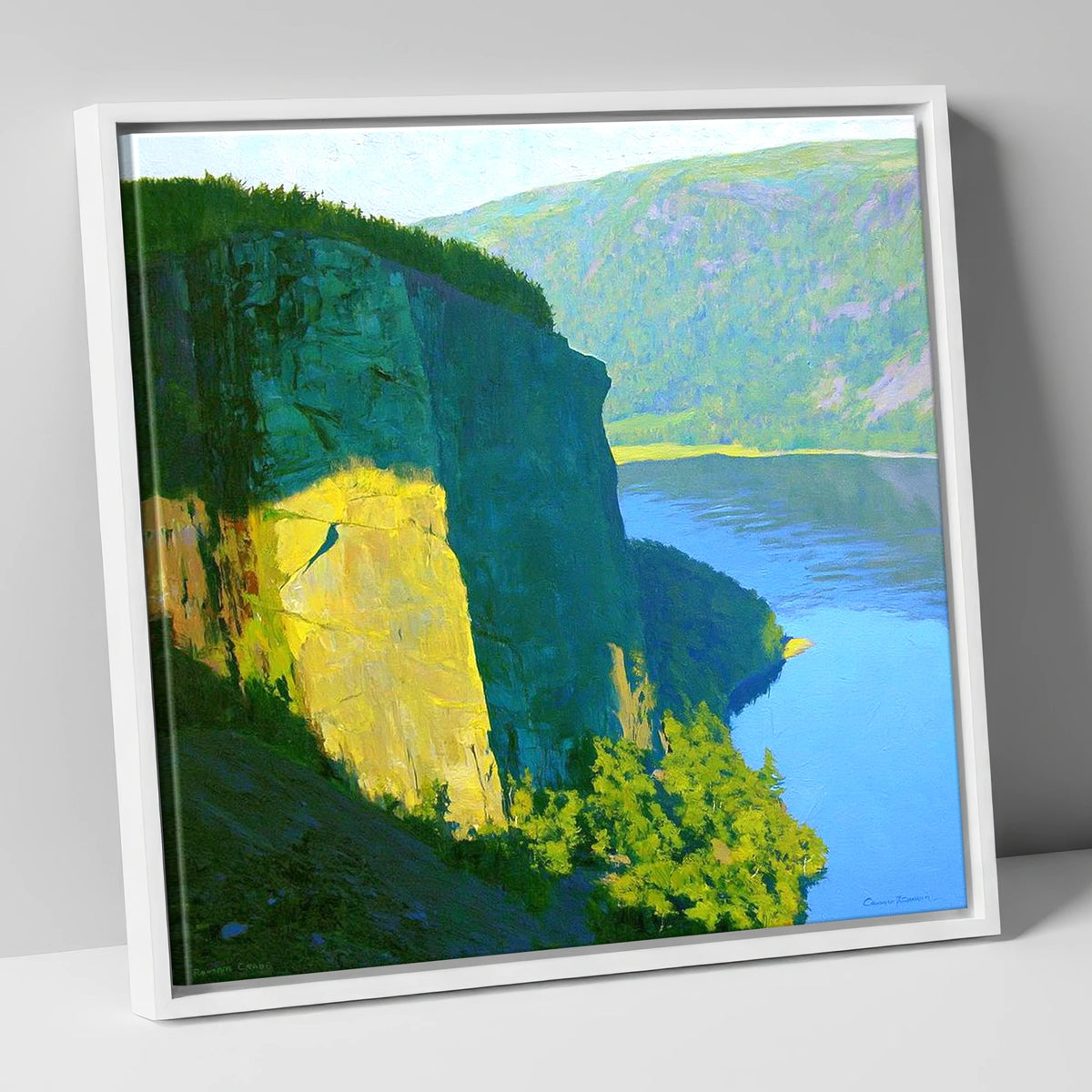 Luminous Sunlight on Raven Crag lake district fell canvas wall art in white frame