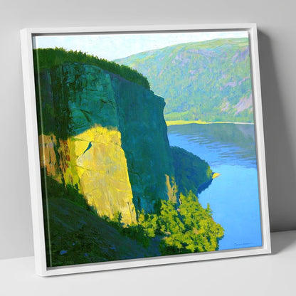Luminous Sunlight on Raven Crag lake district fell canvas wall art in white frame
